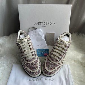 NEW Jimmy Choo Hawaii Glitter Leather Sneakers V Mochi Latte Size 37 (6.5 US)